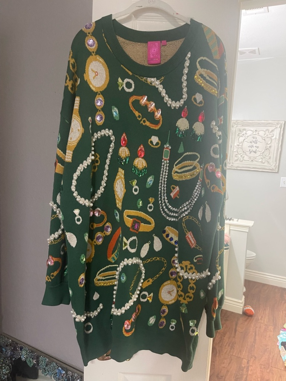 QUEEN OF SPARKLES Dark Green Jeweled Long Sleeve Sweater Dress